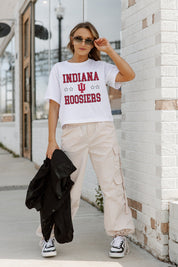 White INDIANA HOOSIERS TO THE POINT BOXY FIT WOMEN'S CROP TEE - On Model Walking | Gameday Couture - SOHO