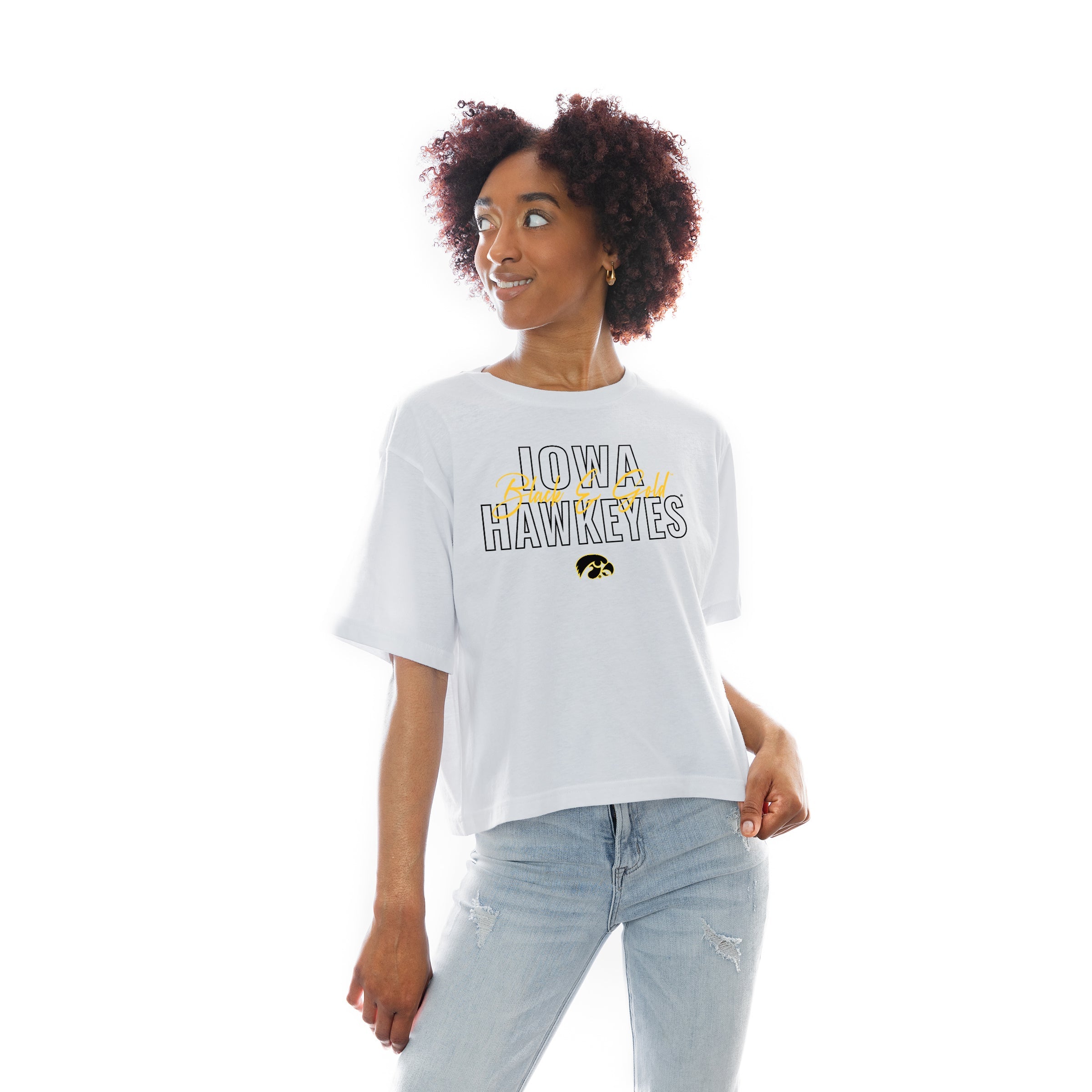 IOWA HAWKEYES KEEP PLAYING BOXY FIT WOMEN'S CROP TEE