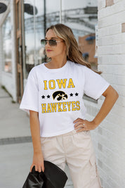 IOWA HAWKEYES TO THE POINT BOXY FIT WOMEN'S CROP TEE