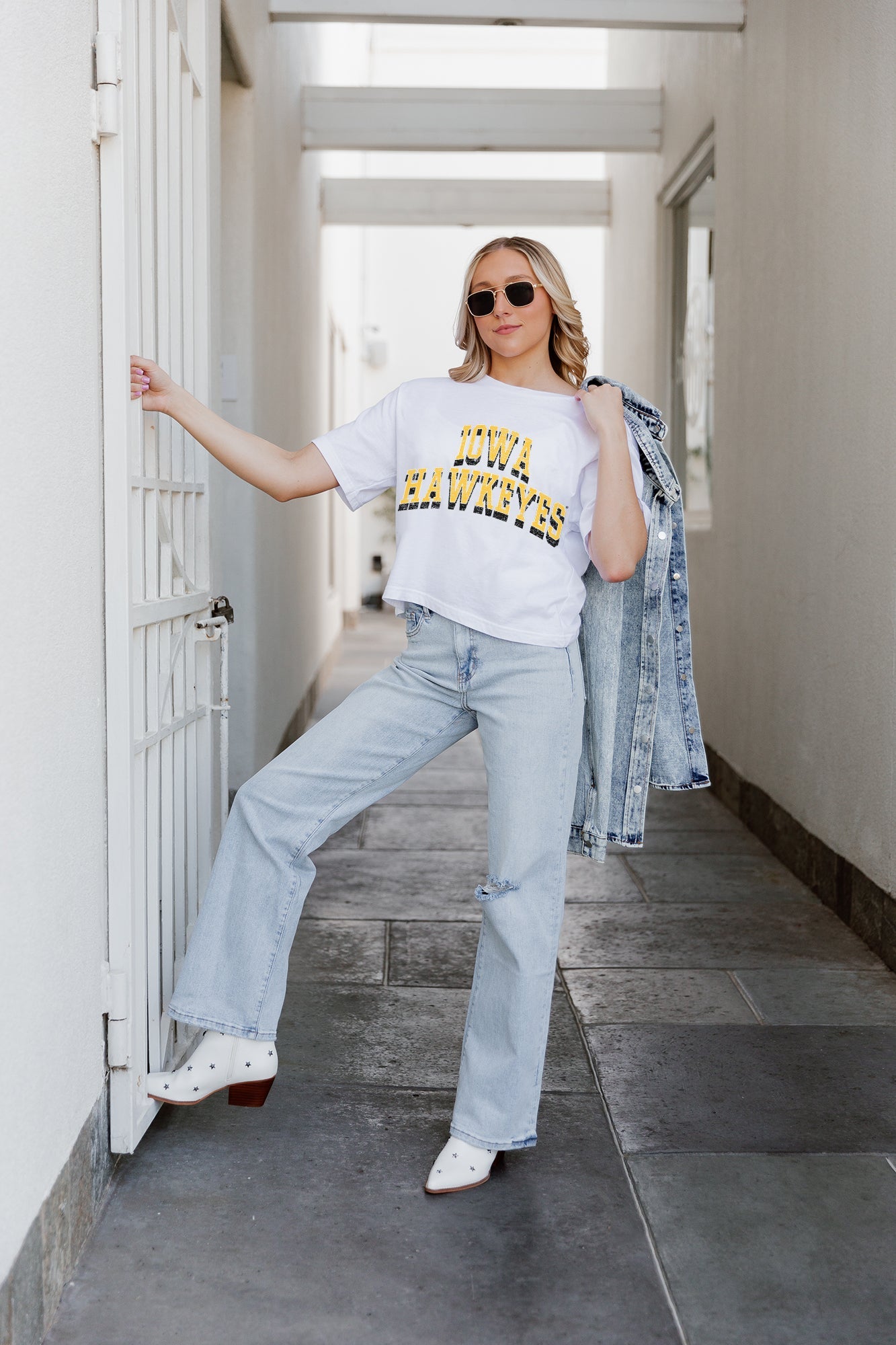 White IOWA HAWKEYES Claim To Fame Boxy-Fit Crop Tee - Styled Look | Gameday Couture - SOHO