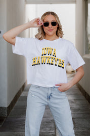 White IOWA HAWKEYES Claim To Fame Boxy-Fit Crop Tee - Close-Up Front | Gameday Couture - SOHO