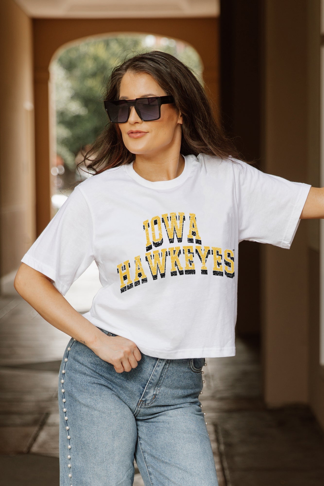 White IOWA HAWKEYES Claim To Fame Boxy-Fit Crop Tee - Side Profile | Gameday Couture - SOHO
