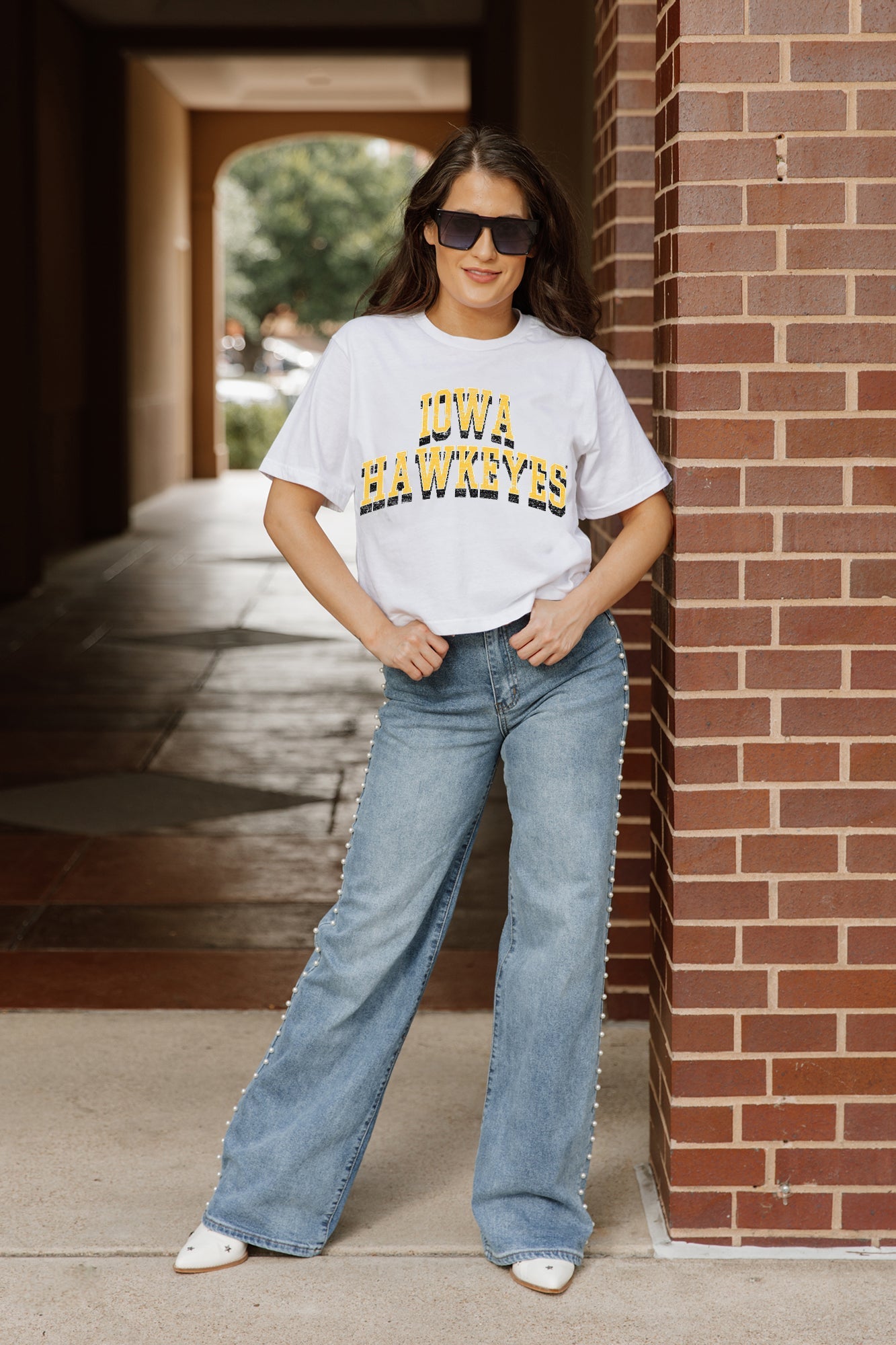 White IOWA HAWKEYES Claim To Fame Boxy-Fit Crop Tee - Full Length Look | Gameday Couture - SOHO