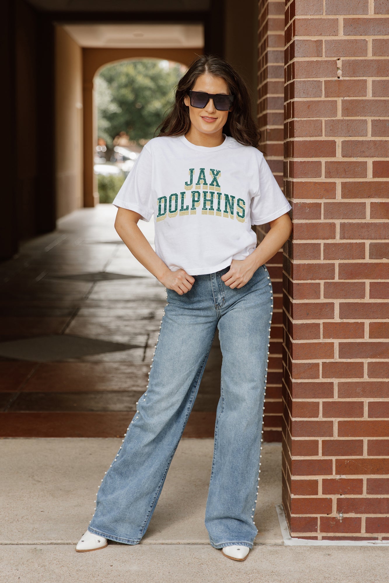 JACKSONVILLE DOLPHINS CLAIM TO FAME BOXY FIT WOMEN'S CROPPED TEE