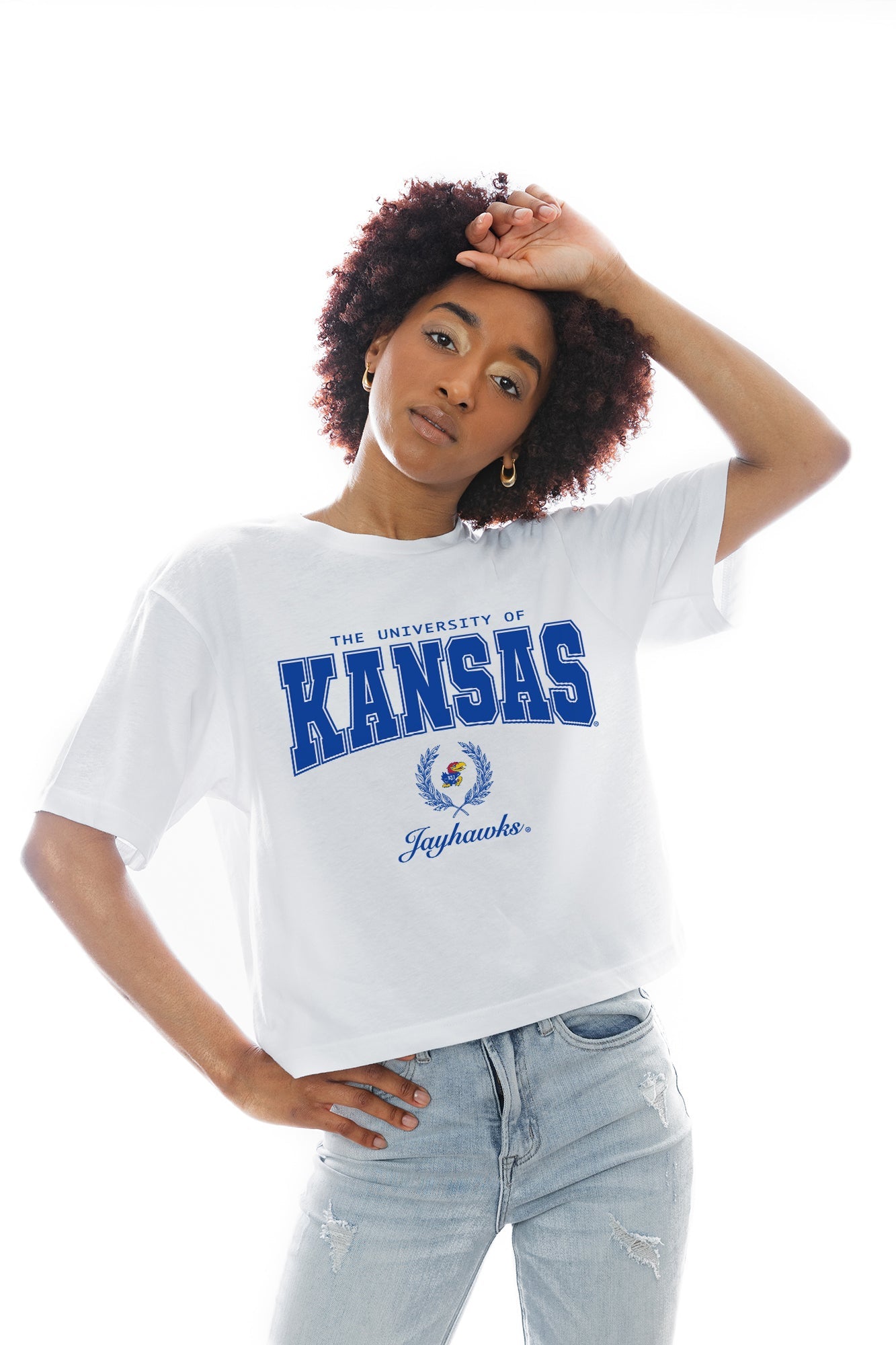 KANSAS JAYHAWKS EASY WIN BOXY FIT CROP TEE