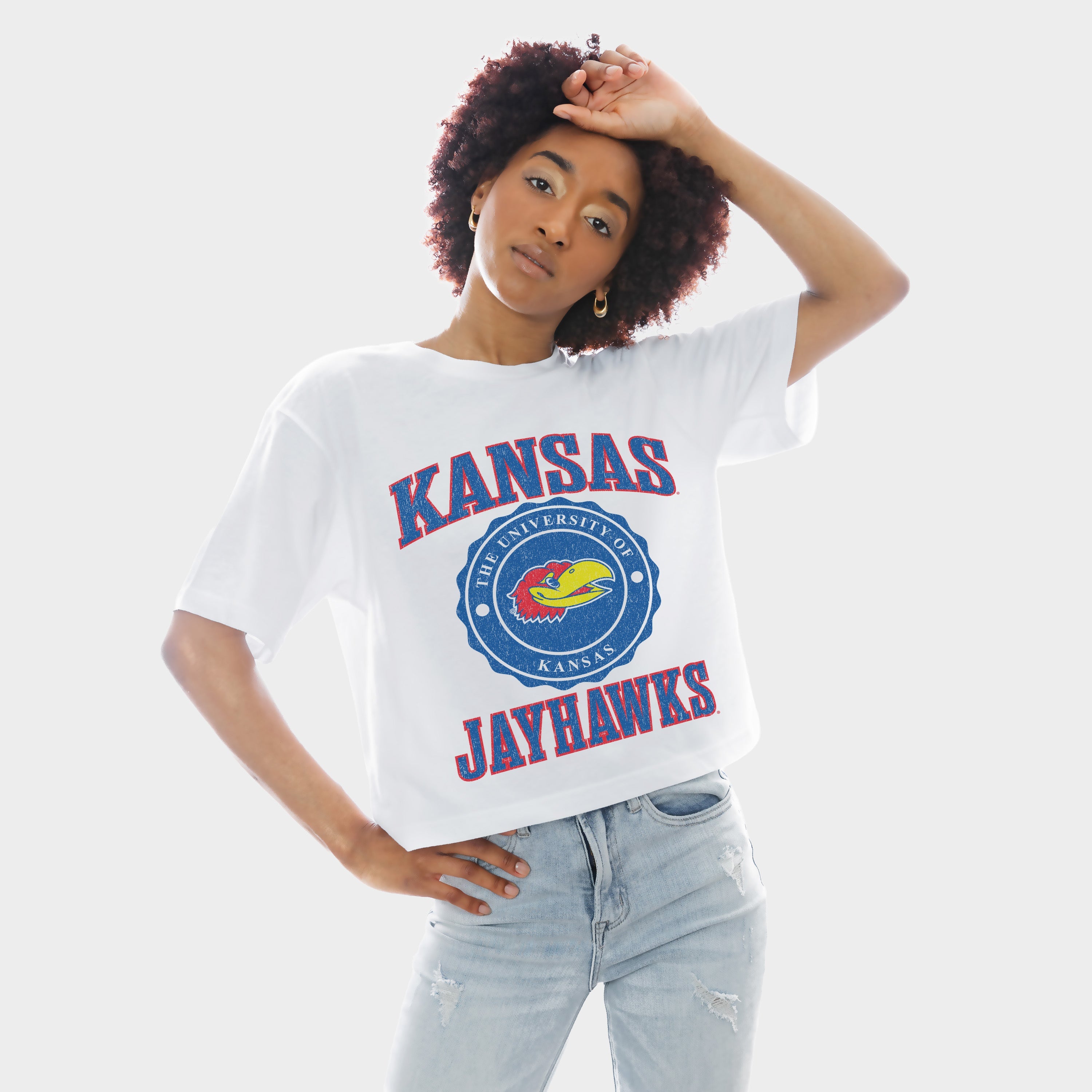KANSAS JAYHAWKS RETRO PLAY BOXY FIT CROPPED TEE