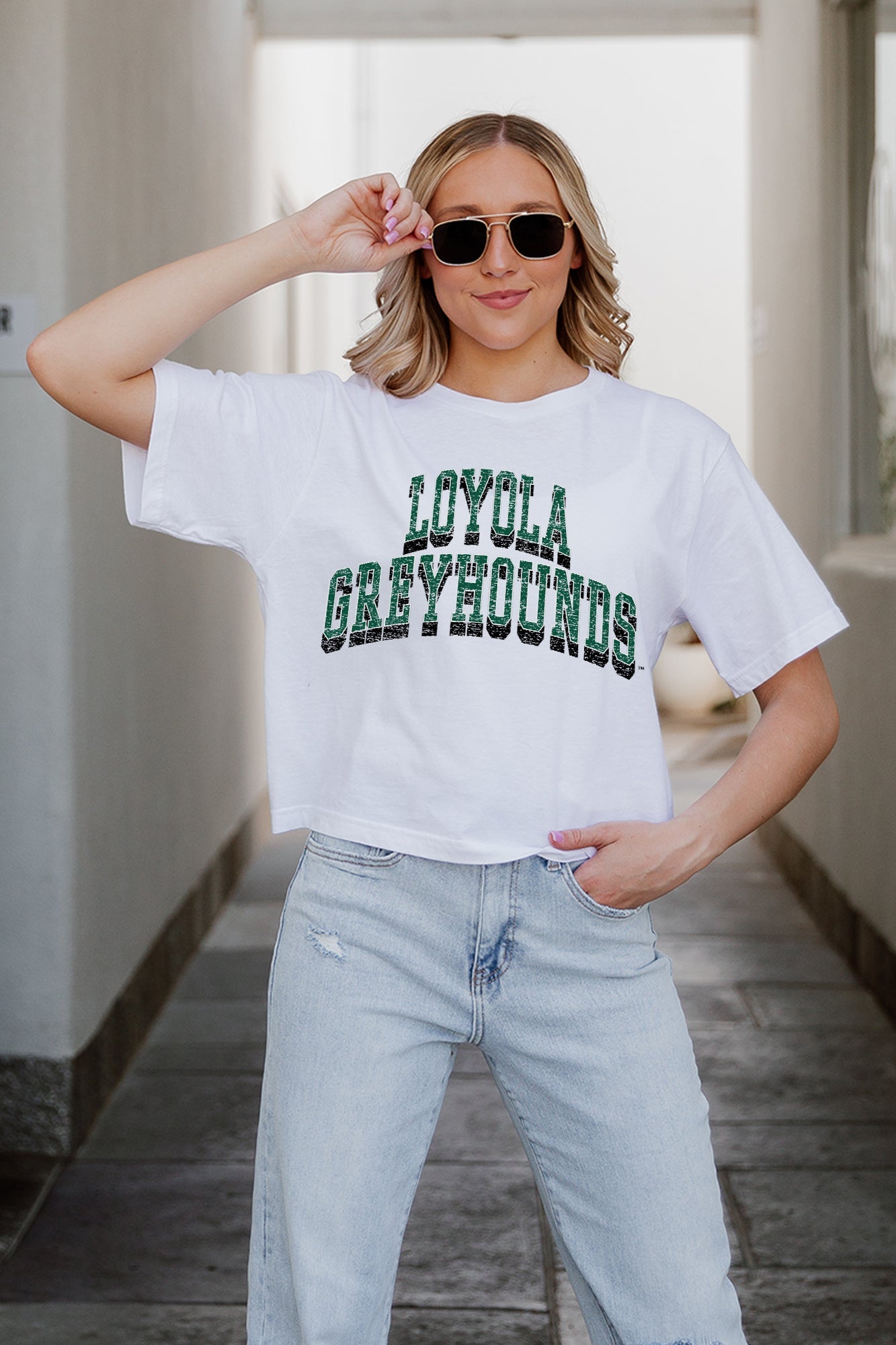 LOYOLA GREYHOUNDS CLAIM TO FAME BOXY FIT CROP TEE - Close-Up Front Detail | Gameday Couture - SOHO