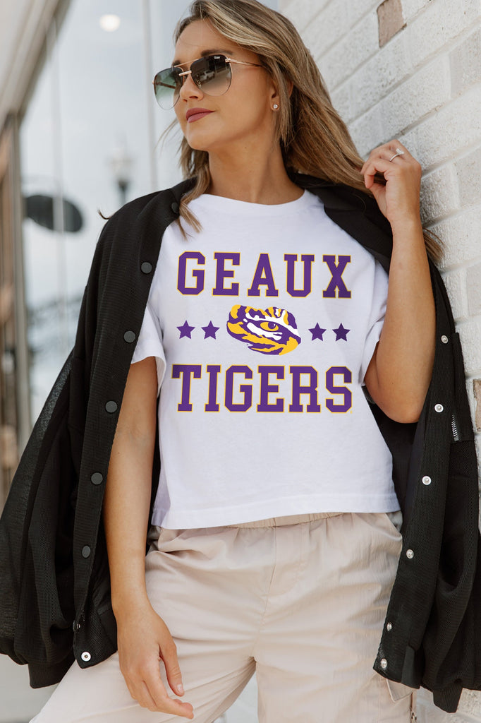 LSU TIGERS TO THE POINT BOXY FIT WOMEN'S CROP TEE