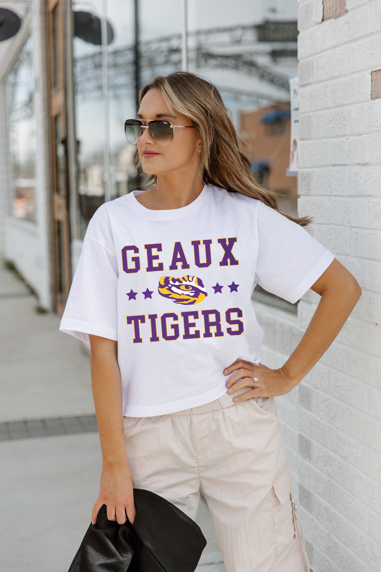 White LSU TIGERS To The Point Boxy Crop Tee - Front Detail | Gameday Couture - SOHO