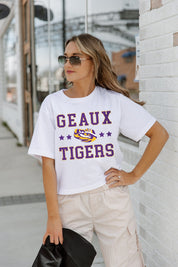 White LSU TIGERS To The Point Boxy Crop Tee - Front Detail | Gameday Couture - SOHO