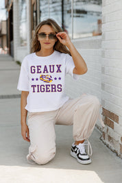 White LSU TIGERS To The Point Boxy Crop Tee - Seated Model | Gameday Couture - SOHO