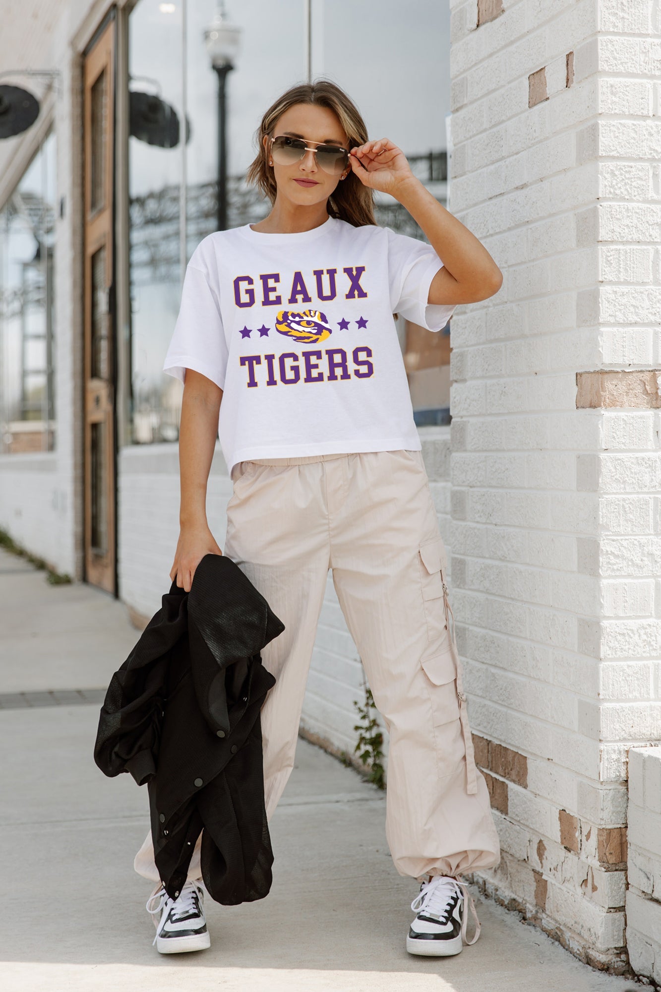 White LSU TIGERS To The Point Boxy Crop Tee - Walking View | Gameday Couture - SOHO