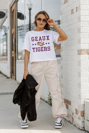 White LSU TIGERS To The Point Boxy Crop Tee - Walking View | Gameday Couture - SOHO
