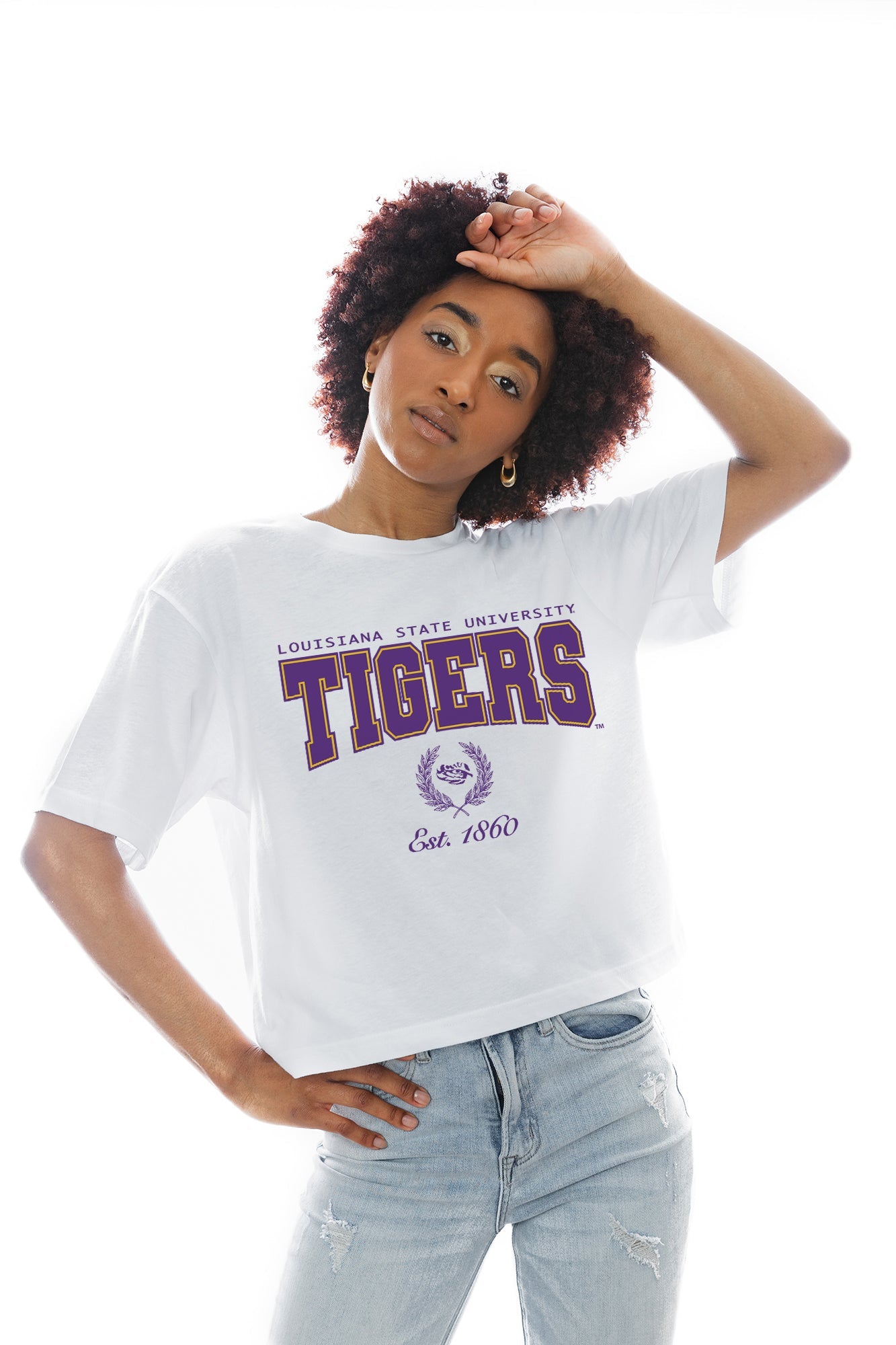 LSU TIGERS EASY WIN BOXY FIT CROP TEE