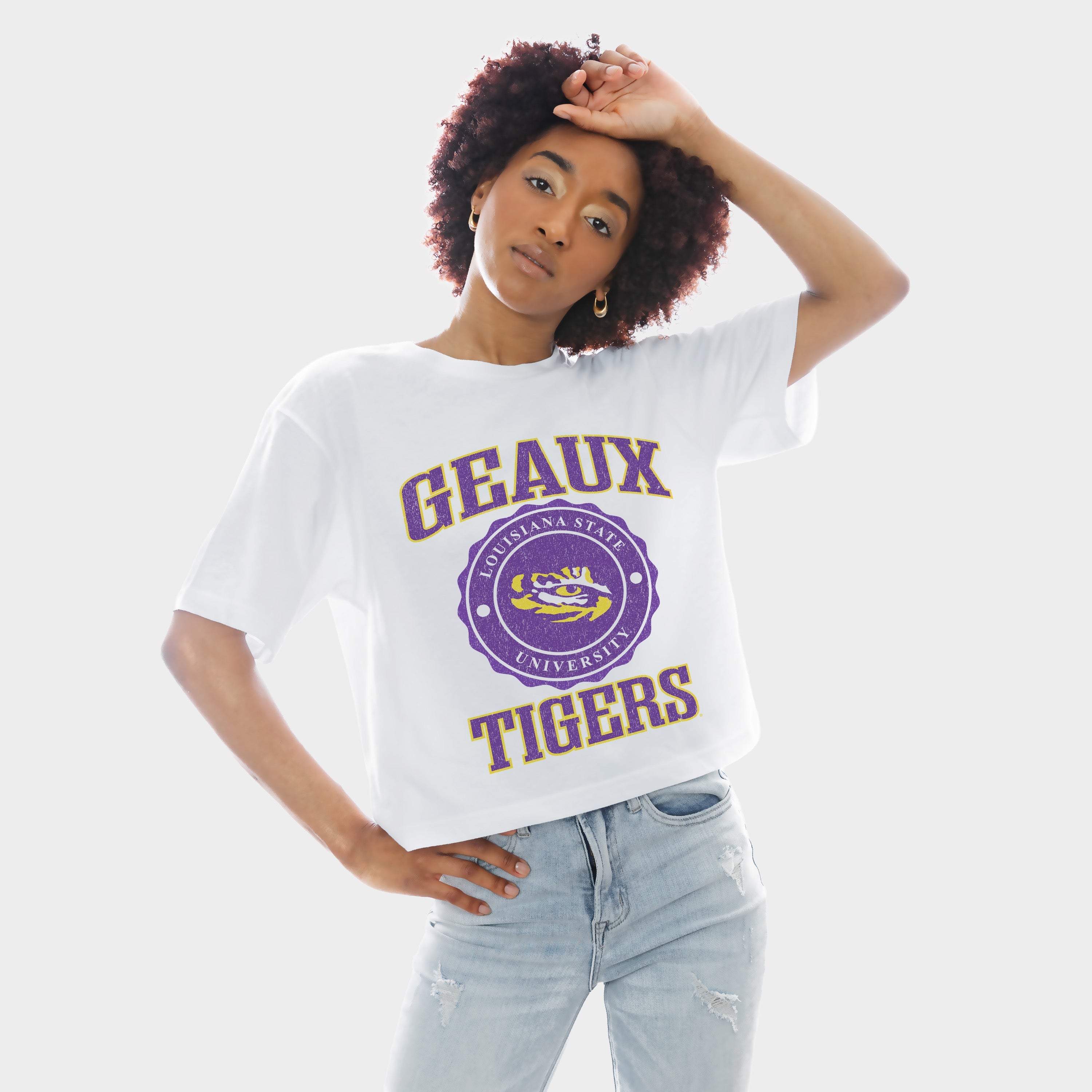 LSU TIGERS RETRO PLAY BOXY FIT CROPPED TEE