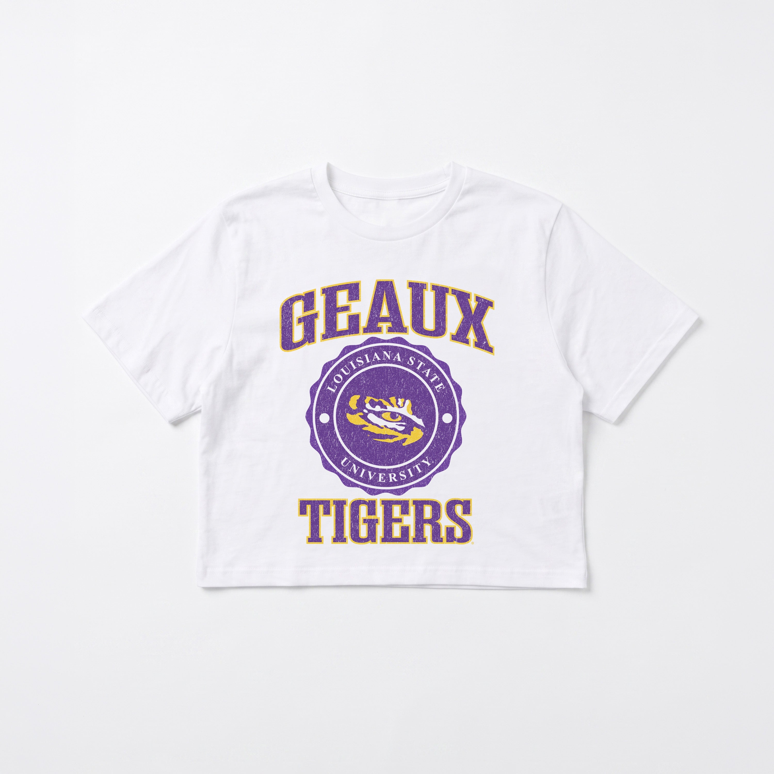 LSU TIGERS RETRO PLAY BOXY FIT CROPPED TEE