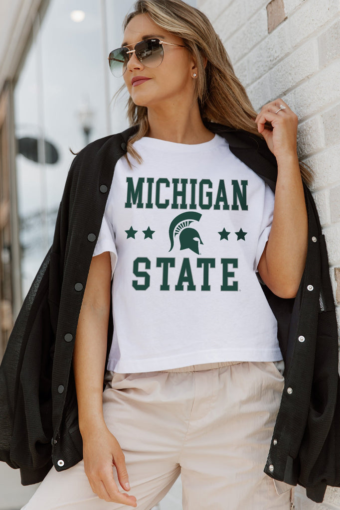 MICHIGAN STATE SPARTANS TO THE POINT BOXY FIT WOMEN'S CROP TEE