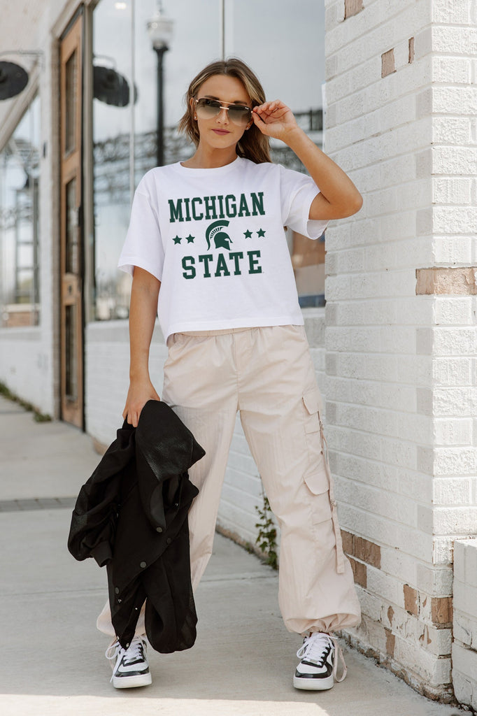 MICHIGAN STATE SPARTANS TO THE POINT BOXY FIT WOMEN'S CROP TEE