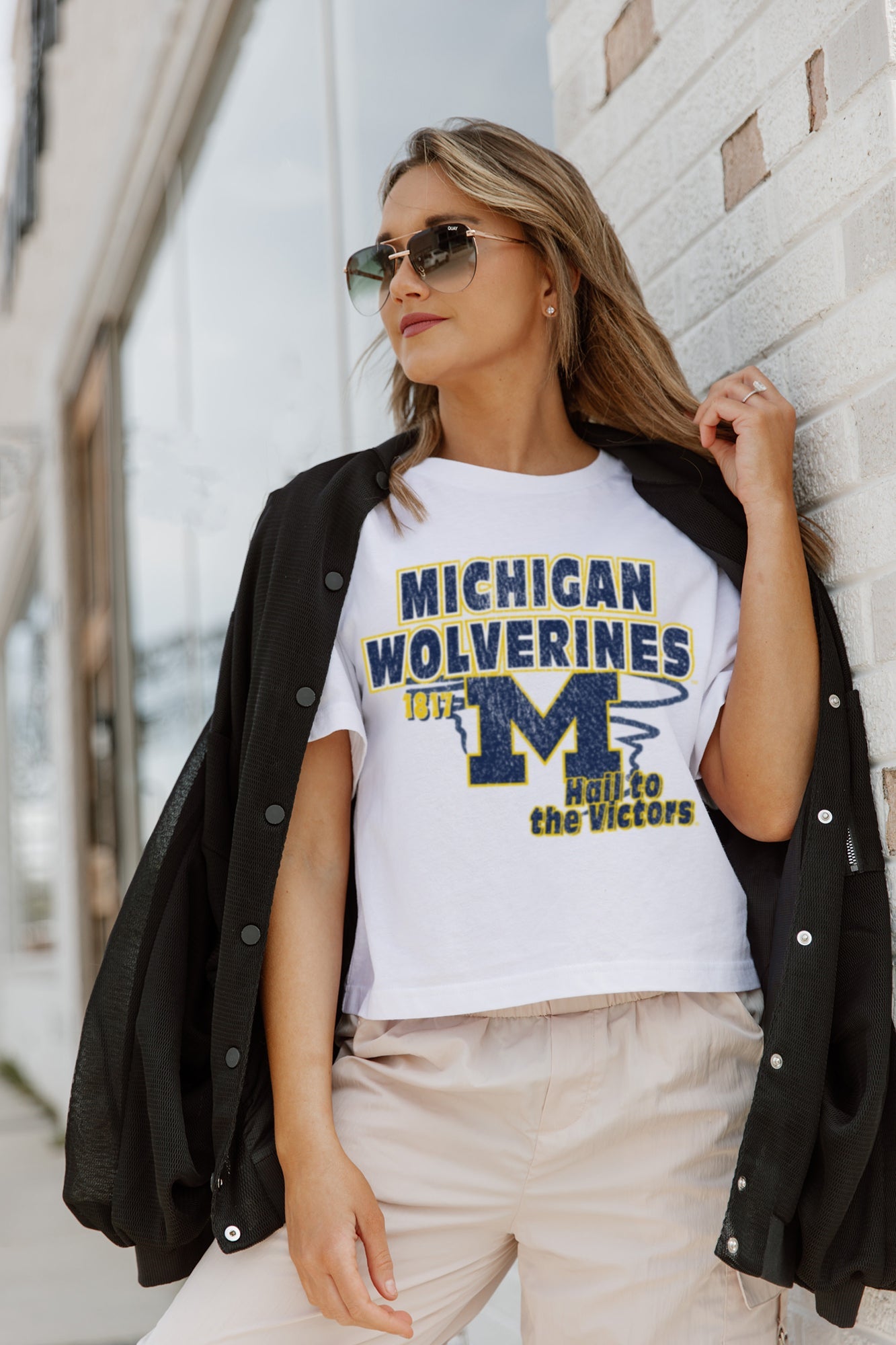 White Michigan Wolverines GAMEDAY GOALS Boxy-Fit Crop Tee - Front Graphic Detail On Model | Gameday Couture - SOHO