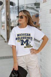 White Michigan Wolverines GAMEDAY GOALS Boxy-Fit Crop Tee - Side Profile Street Style Look | Gameday Couture - SOHO