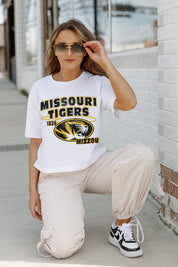 White Missouri Tigers Gameday Goals Boxy-Fit Crop Tee - On Model Kneeling Street Style | Gameday Couture - SOHO