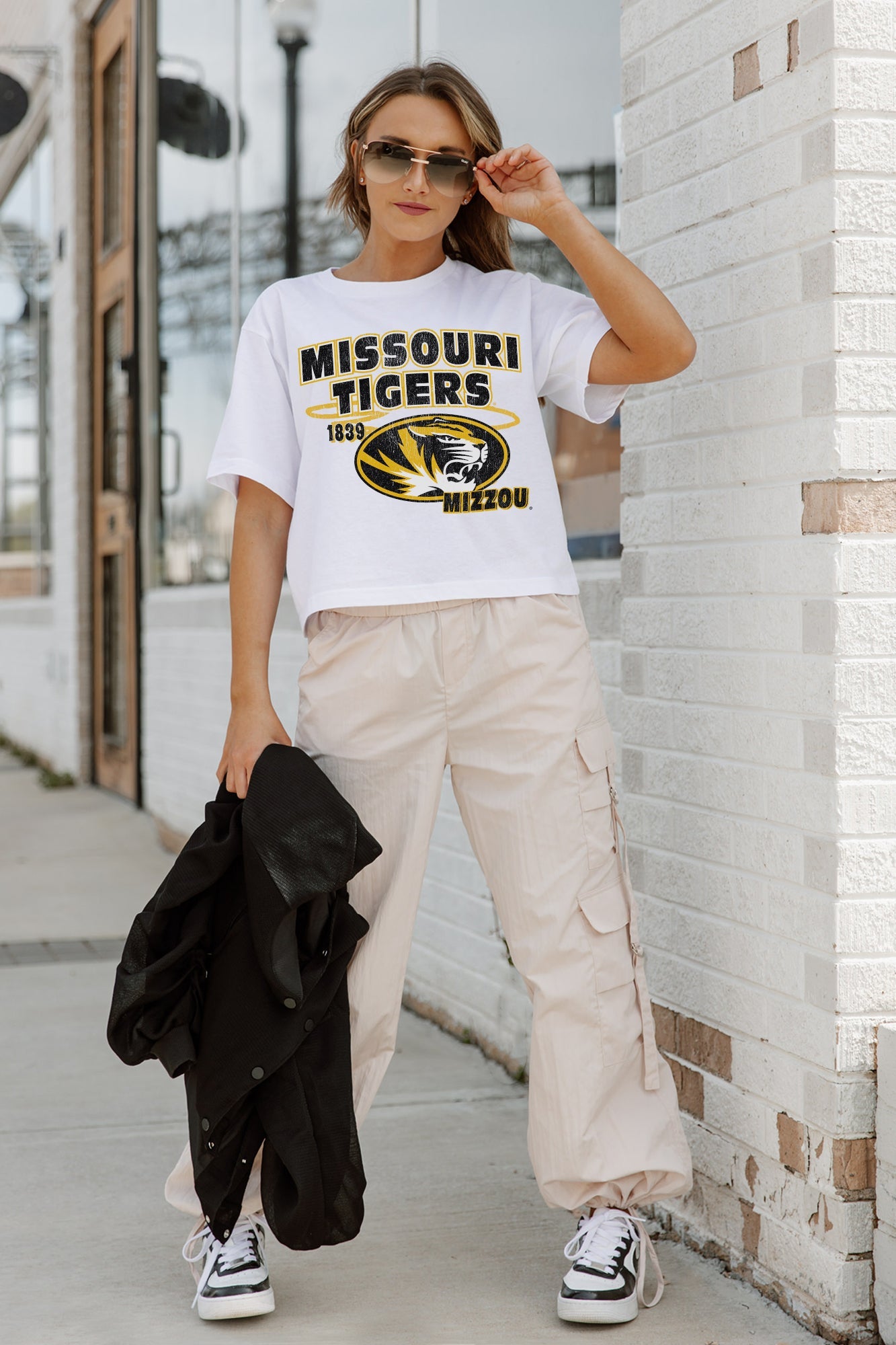 White Mizzou Gameday Goals Boxy Crop Tee - Full Body Styled Look with Cargo Pants | Gameday Couture - SOHO