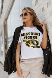 White Missouri Tigers Crop Tee - Close-Up Front Graphic Detail, Mizzou 1839 Logo | Gameday Couture - SOHO
