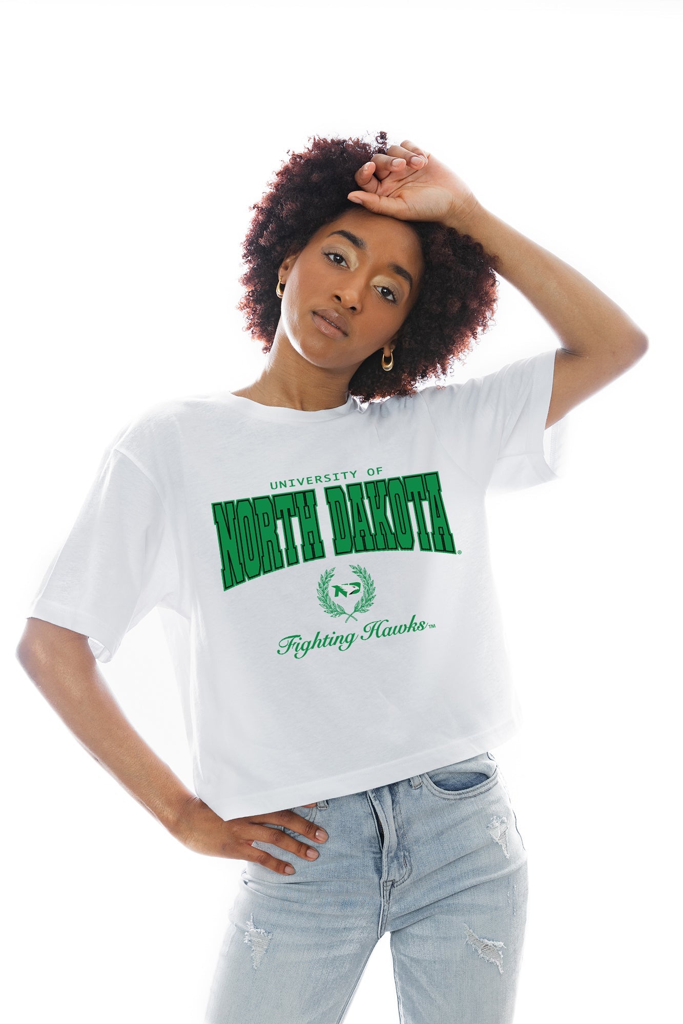 NORTH DAKOTA FIGHTING HAWKS EASY WIN BOXY FIT CROP TEE