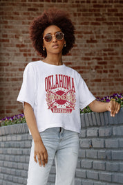 White OKLAHOMA SOONERS Bases Loaded Boxy Fit Women's Crop Tee - Close Up | Gameday Couture - SOHO