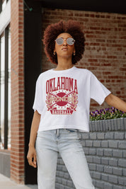White OKLAHOMA SOONERS Bases Loaded Boxy Fit Women's Crop Tee - Front Detail | Gameday Couture - SOHO