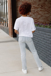 White OKLAHOMA SOONERS Bases Loaded Boxy Fit Women's Crop Tee - Back View | Gameday Couture - SOHO