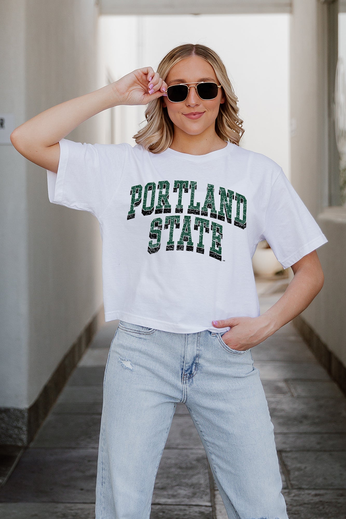 White Portland State Vikings CLAIM TO FAME Boxy Crop Tee - Front Close-Up On-Model | Gameday Couture - SOHO