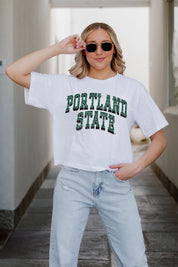 White Portland State Vikings CLAIM TO FAME Boxy Crop Tee - Front Close-Up On-Model | Gameday Couture - SOHO