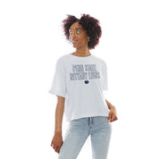 White Penn State Nittany Lions Keep Playing Boxy-Fit Crop Tee - Front On-Model | Gameday Couture - SOHO