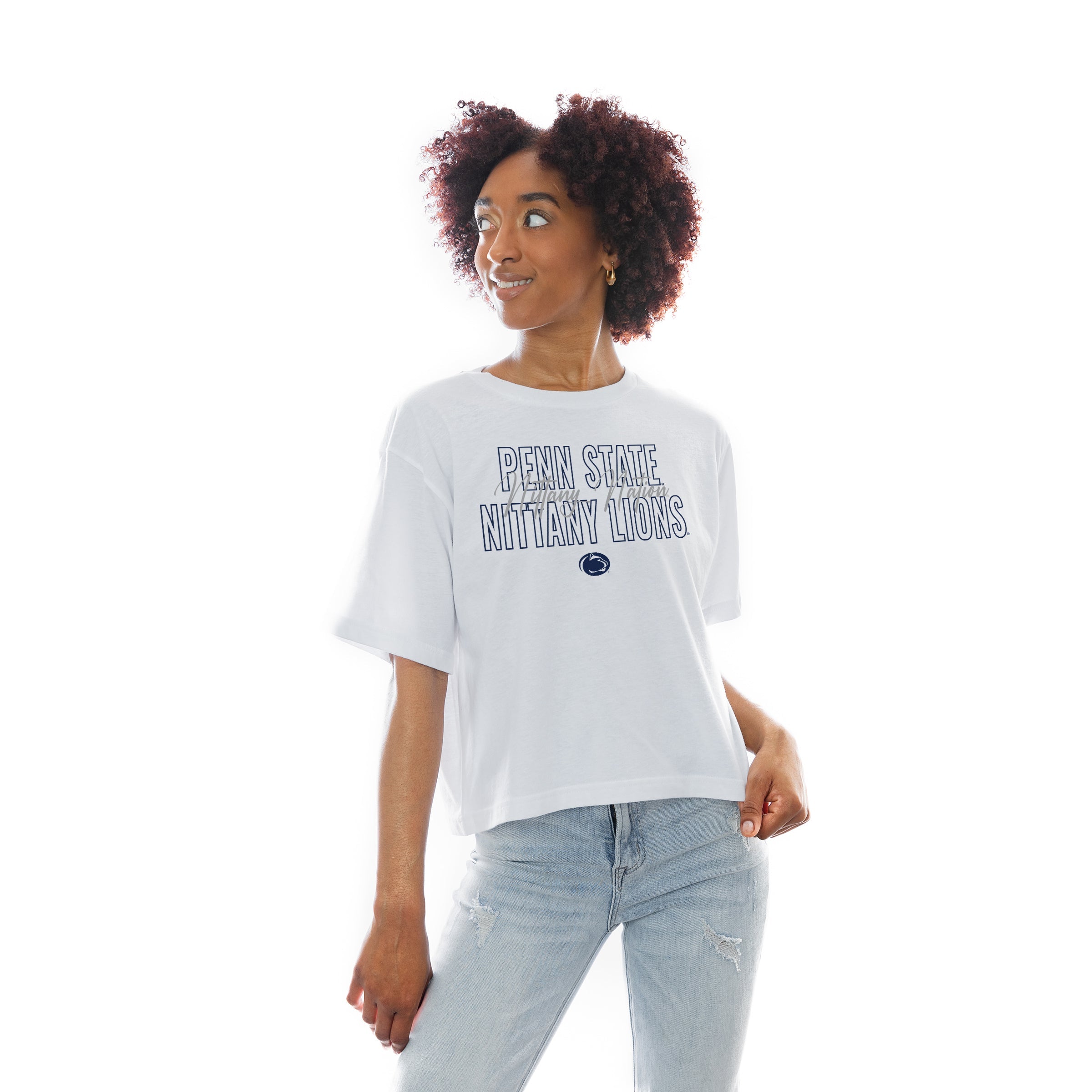 White Penn State Nittany Lions Keep Playing Boxy-Fit Crop Tee - Front On-Model | Gameday Couture - SOHO