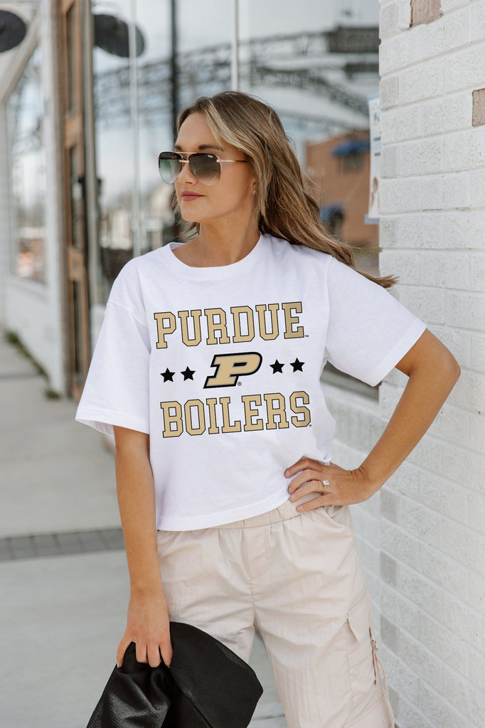 PURDUE BOILERMAKERS TO THE POINT BOXY FIT WOMEN'S CROP TEE