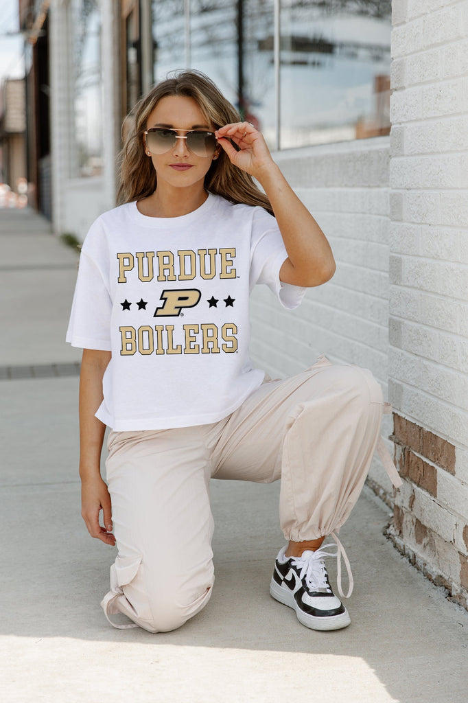 PURDUE BOILERMAKERS TO THE POINT BOXY FIT WOMEN'S CROP TEE