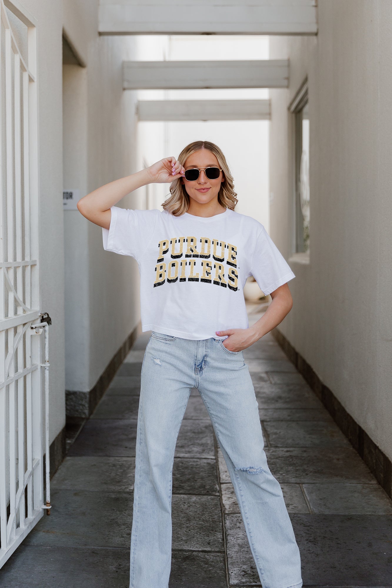 White PURDUE BOILERMAKERS Claim To Fame Boxy-Fit Crop Tee - Front View | Gameday Couture - SOHO