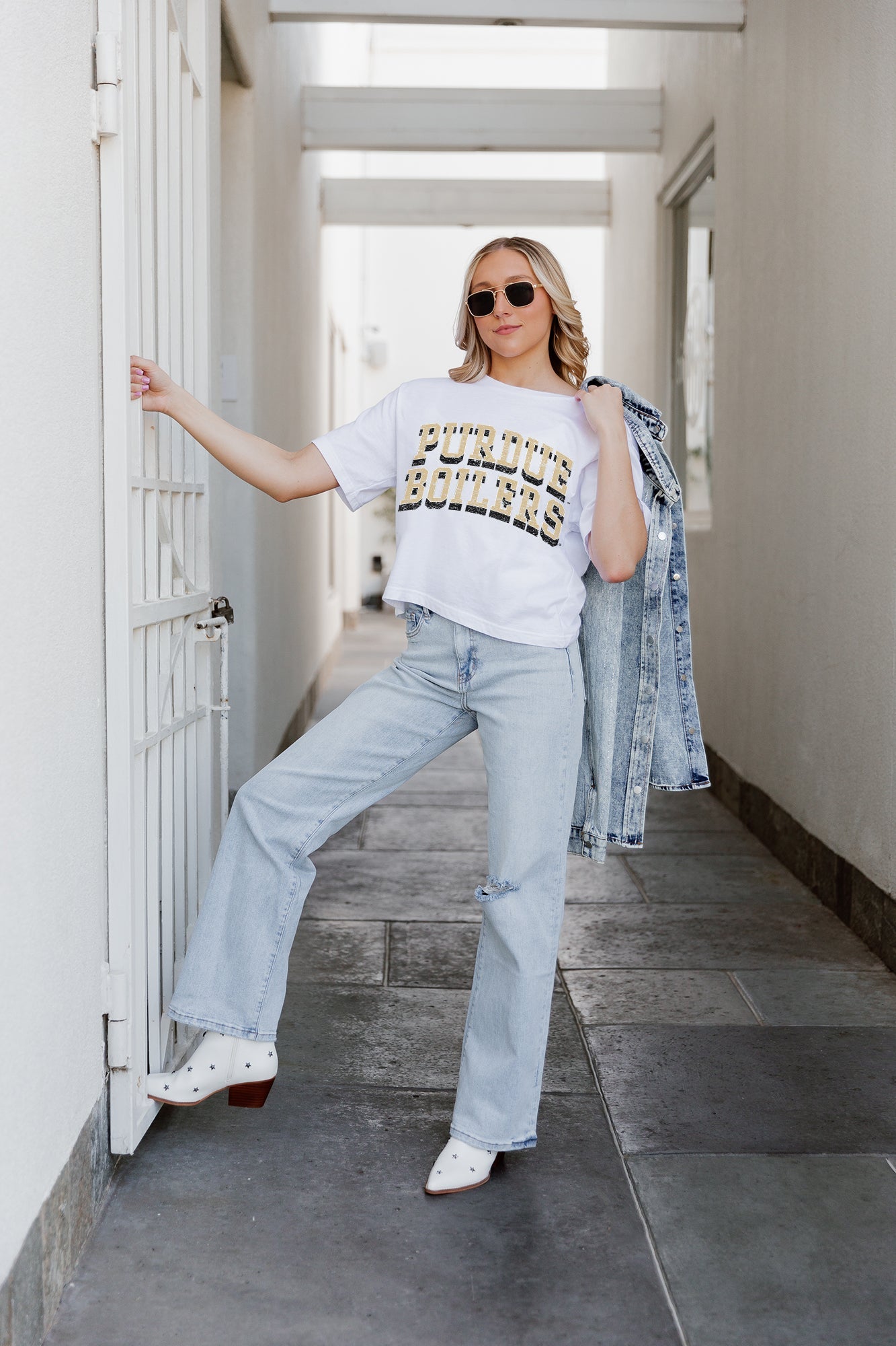 White PURDUE BOILERMAKERS Claim To Fame Boxy-Fit Crop Tee - Styled Look | Gameday Couture - SOHO