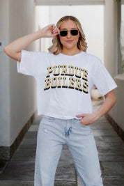 White PURDUE BOILERMAKERS Claim To Fame Boxy-Fit Crop Tee - Logo Detail | Gameday Couture - SOHO