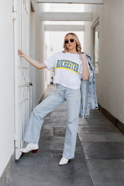 White Cotton ROCHESTER YELLOWJACKETS Boxy Fit Crop Tee - Lifestyle Pose | Gameday Couture - SOHO