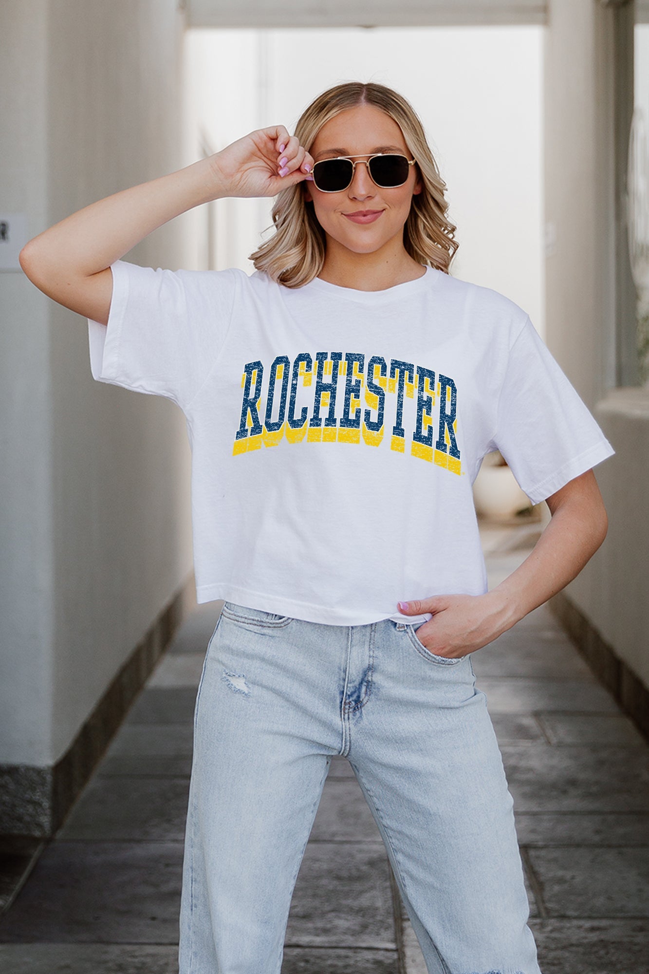 White Cotton ROCHESTER YELLOWJACKETS Boxy Fit Crop Tee - Front View | Gameday Couture - SOHO