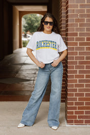White Cotton ROCHESTER YELLOWJACKETS Boxy Fit Crop Tee - Full Outfit | Gameday Couture - SOHO