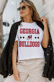 White GEORGIA BULLDOGS TO THE POINT BOXY CROP TEE - Front View, Styled with Black Jacket | Gameday Couture - SOHO