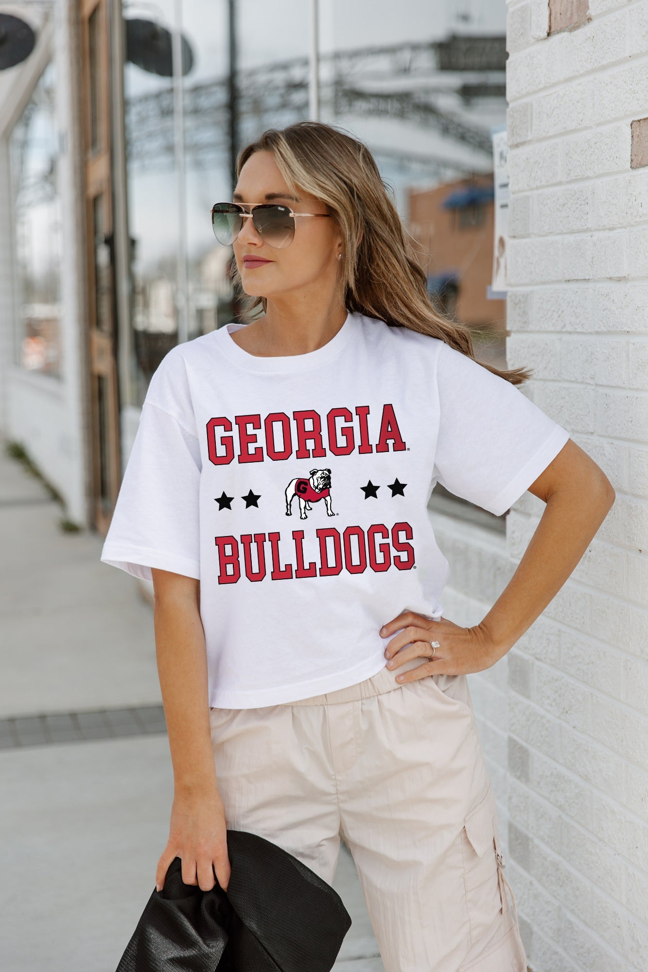 White GEORGIA BULLDOGS TO THE POINT BOXY CROP TEE - Street Style On-Model, UGA Crop Top Game Day Look | Gameday Couture - SOHO