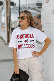 White GEORGIA BULLDOGS TO THE POINT BOXY CROP TEE - Street Style On-Model, UGA Crop Top Game Day Look | Gameday Couture - SOHO