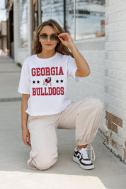 White GEORGIA BULLDOGS TO THE POINT BOXY CROP TEE - Crouching Pose Styled Look, Georgia Bulldogs Crop Top | Gameday Couture - SOHO