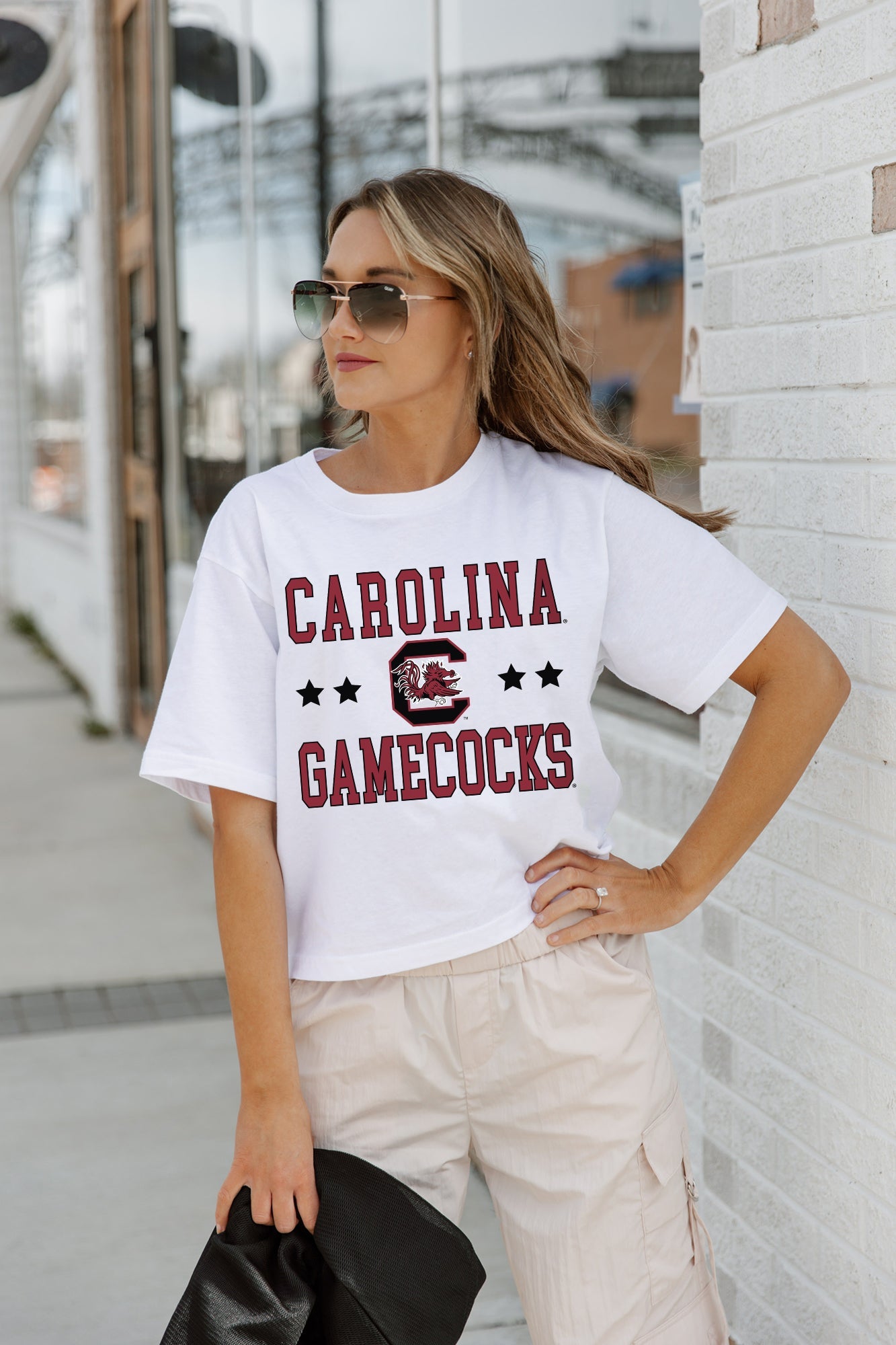 White Carolina Gamecocks Boxy Crop Tee - On Model Street Style Front View | Gameday Couture - SOHO