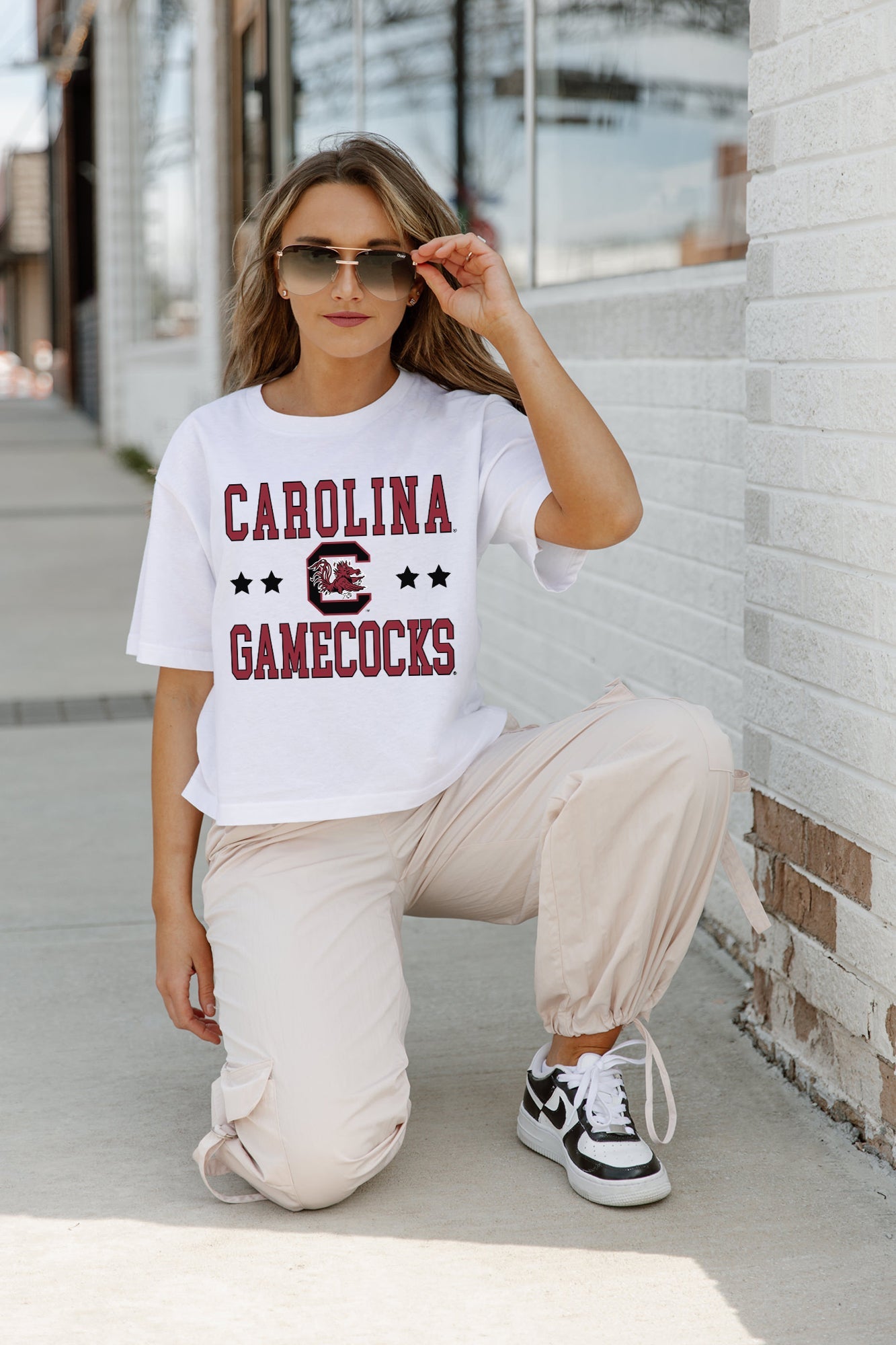 White Gamecocks To The Point Boxy Crop Tee - On Model Crouching Pose Lifestyle | Gameday Couture - SOHO