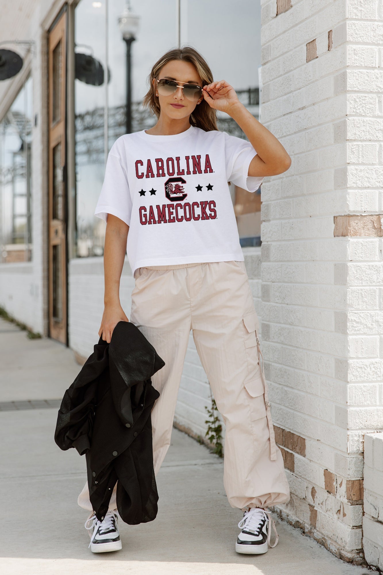 White South Carolina Gamecocks Boxy Crop Tee - Full Length Styled On Model Outdoor | Gameday Couture - SOHO
